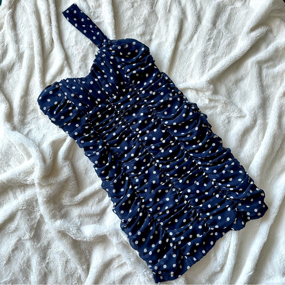 FOREVER21 Polka Dot Ruched One-Shoulder Mini Dress | Navy & White Large